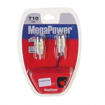 699 р. Лампа светодиодная 12V W5W T10 W2.1x9.5d 6000K 10 LED с тестером блистер (2шт.) MEGAPOWER MEGAPOWER-AUTOMOTIVE 10815w-2блт  с доставкой в г. Воронеж. Увеличить фотографию 1