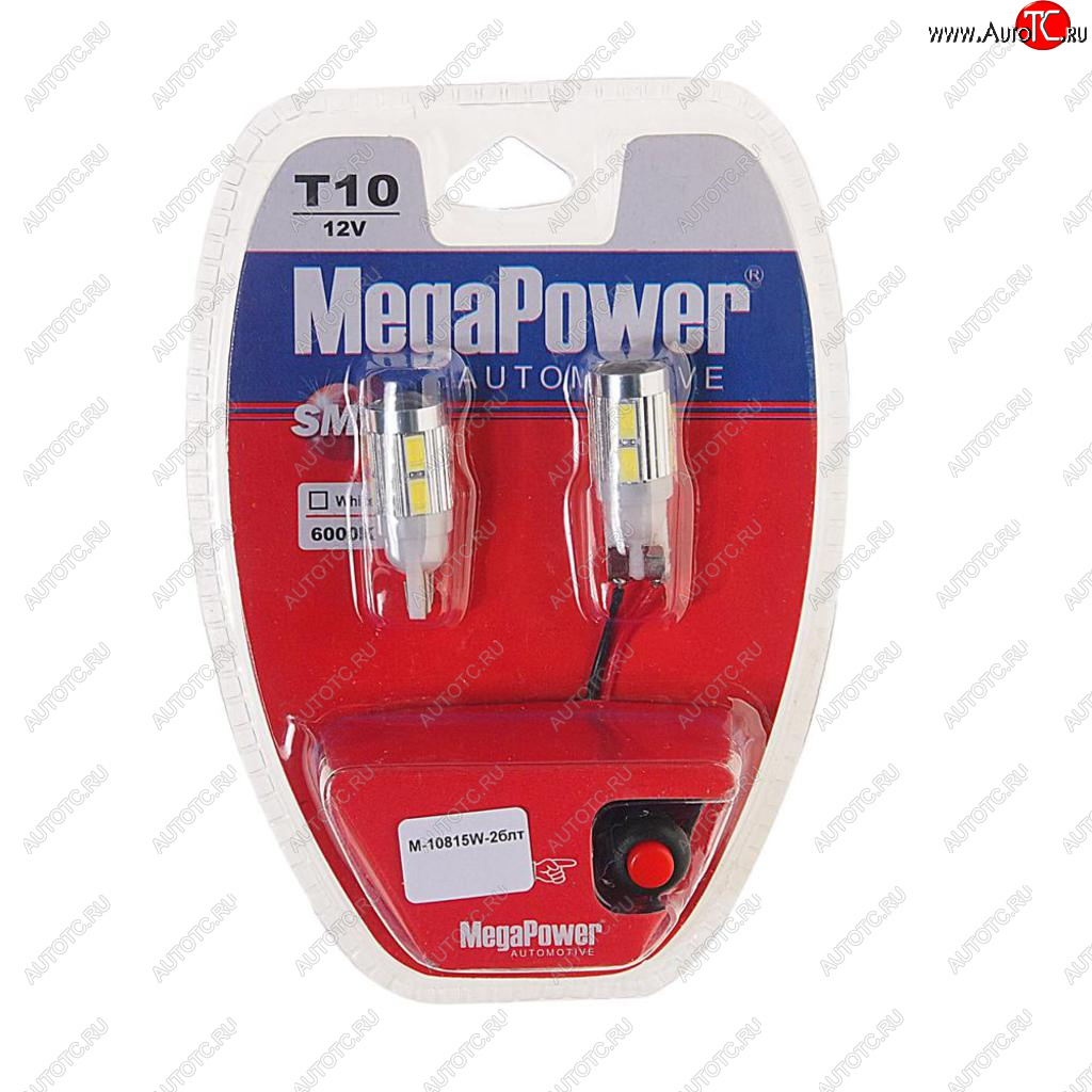 699 р. Лампа светодиодная 12V W5W T10 W2.1x9.5d 6000K 10 LED с тестером блистер (2шт.) MEGAPOWER MEGAPOWER-AUTOMOTIVE 10815w-2блт  с доставкой в г. Воронеж