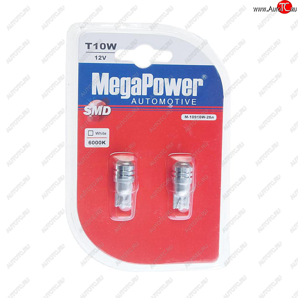 319 р. Лампа светодиодная 12V W5W T10 W2.1x9.5d 6000K блистер (2шт.) MEGAPOWER MEGAPOWER-AUTOMOTIVE 10916w-2бл  с доставкой в г. Воронеж