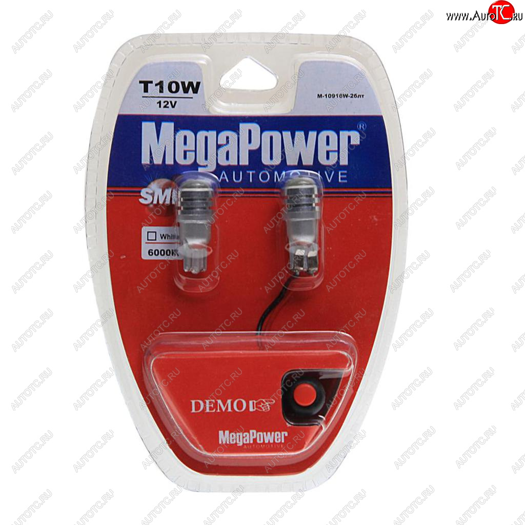 479 р. Лампа светодиодная 12V W5W T10 W2.1x9.5d 6000K с тестером блистер (2шт.) MEGAPOWER MEGAPOWER-AUTOMOTIVE 10916w-2блт  с доставкой в г. Воронеж