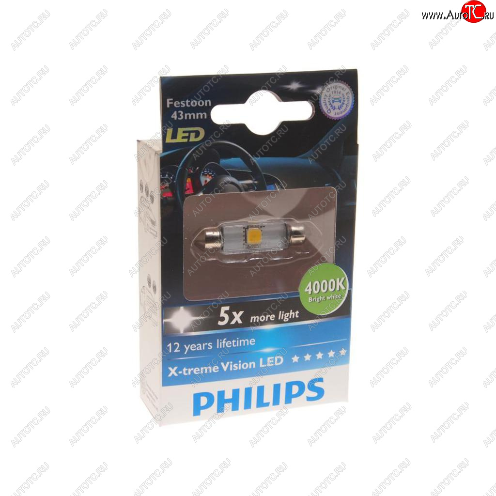 699 р. Лампа светодиодная 12V C5W SV8.5-8 43мм 4000K двухцокольная бокс (1шт.) X-Treme Vision Led PHILIPS PHILIPS 129454000kx1  с доставкой в г. Воронеж