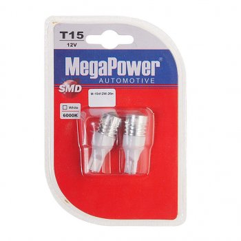 499 р. Лампа светодиодная 12V T15W W2.1x9.5d бесцокольная блистер (2шт.) MEGAPOWER MEGAPOWER-AUTOMOTIVE 15412w-2бл  с доставкой в г. Воронеж. Увеличить фотографию 1