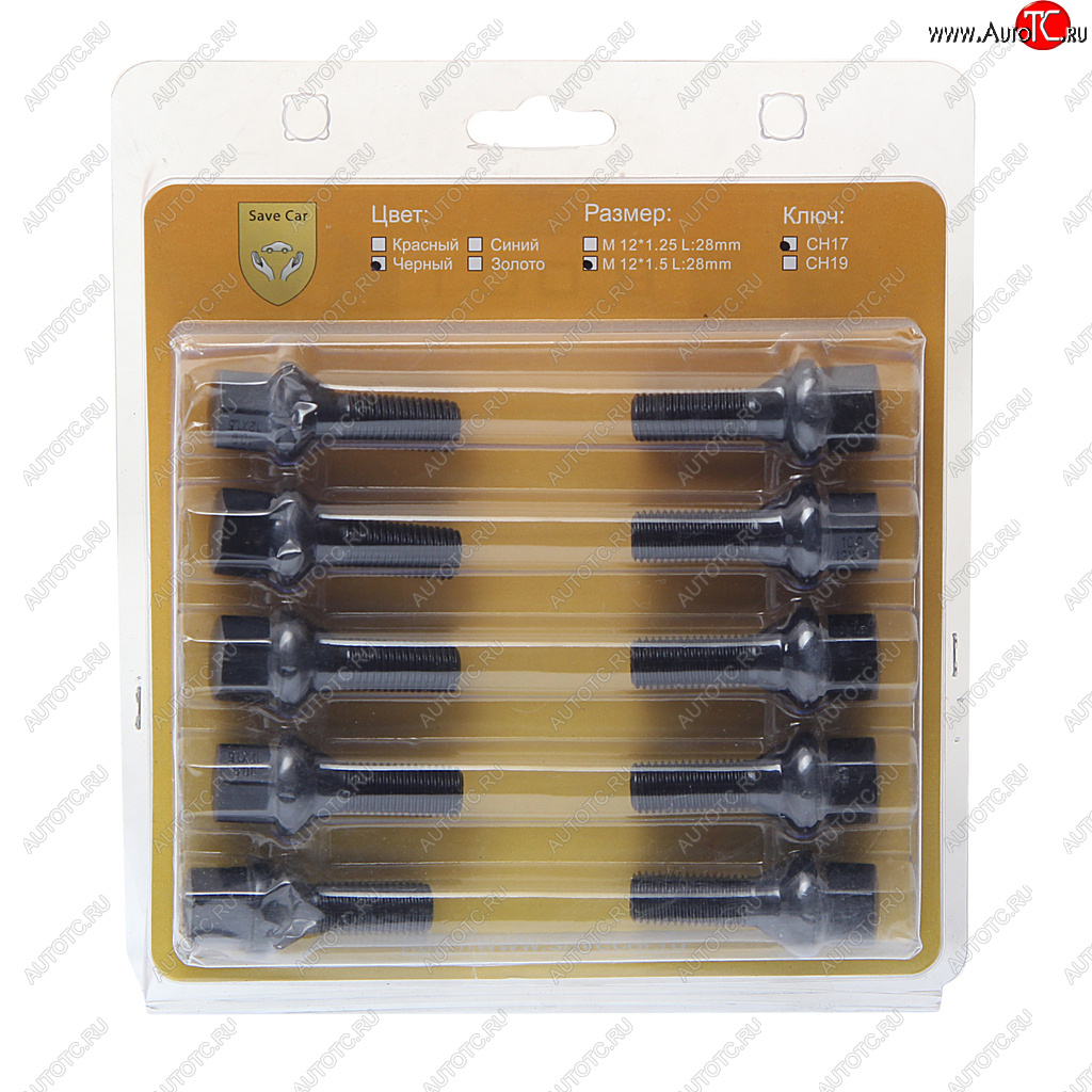 2 499 р. Болт колеса М12х1.50х28 конус под ключ 17мм черный 20шт. SAVE CAR SAVE CAR 201055  с доставкой в г. Воронеж