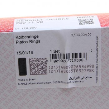 4 099 р. Кольца поршневые MAN TGA дв.D2066 d=120.00 (на 1 поршень) MAHLE MAHLE 20922v0  с доставкой в г. Воронеж. Увеличить фотографию 4