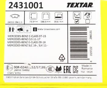 6 999 р. Колодки тормозные передние (4шт.) TEXTAR Mercedes-Benz C-Class W204 дорестайлинг седан (2007-2011)  с доставкой в г. Воронеж. Увеличить фотографию 5