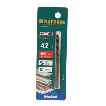 163 р. Сверло по металлу 4.2х75мм HSS Cobalt KRAFTOOL KRAFTOOL 29656-4.2  с доставкой в г. Воронеж. Увеличить фотографию 1