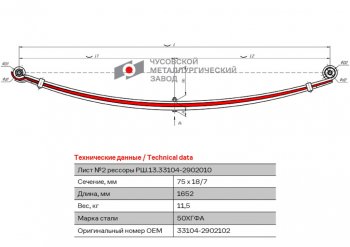 6 949 р. Лист рессоры ГАЗ-3310 Валдай,Газон Next передней №2 L=1652мм ЧМЗ ЧМЗ 33104-2902102  с доставкой в г. Воронеж. Увеличить фотографию 1