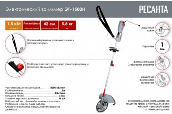 6 749 р. Газонокосилка (триммер) электрическая 1500Вт, 8000обмин., захват 42см, леска+нож РЕСАНТА РЕСАНТА 70123  с доставкой в г. Воронеж. Увеличить фотографию 6