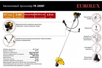 8 499 р. Газонокосилка (триммер) бензиновая 51.7куб.см, 3000Вт, захват 43см, леска+нож EUROLUX EUROLUX 70219  с доставкой в г. Воронеж. Увеличить фотографию 2