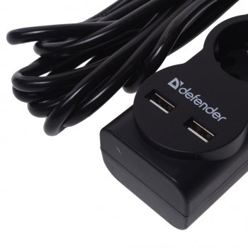 929 р. Фильтр сетевой 5м 10А 2200Вт 5 гнезд + 2 USB с заземлением черный DEFENDER DEFENDER 99755  с доставкой в г. Воронеж. Увеличить фотографию 3