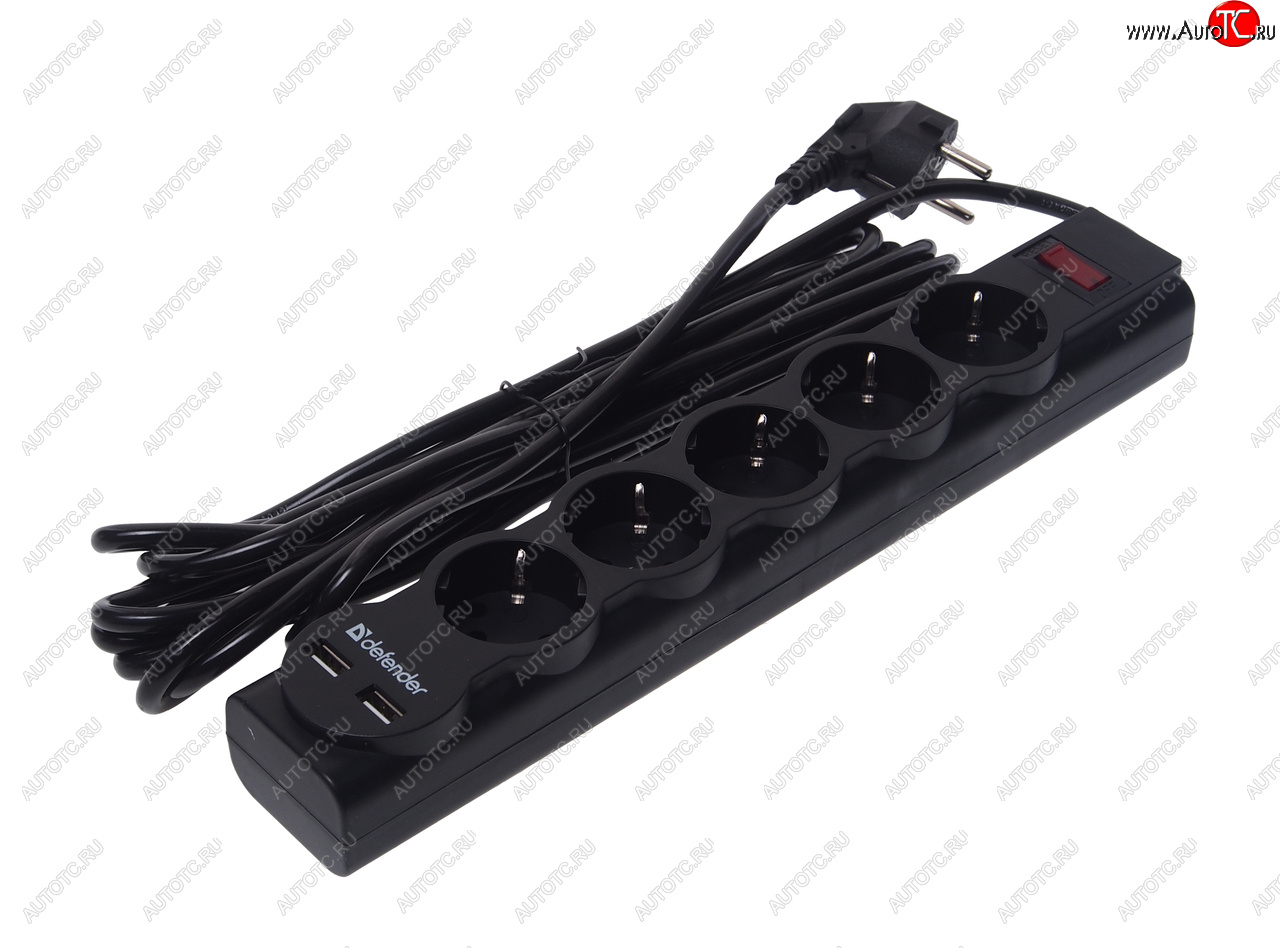 929 р. Фильтр сетевой 5м 10А 2200Вт 5 гнезд + 2 USB с заземлением черный DEFENDER DEFENDER 99755  с доставкой в г. Воронеж