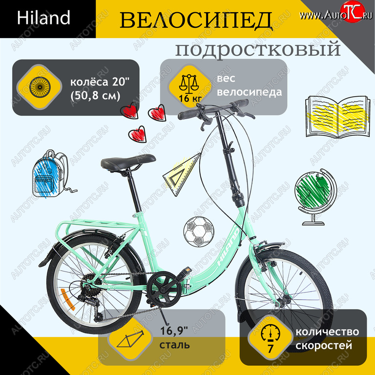 14 249 р. Велосипед 20 7-ск. складной бирюзовый HILAND HILAND t18b704 b HILAND t18b704 b  с доставкой в г. Воронеж