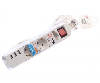 Фильтр сетевой 3м 10А 2200Вт 3 гнезда + 3 USB с заземлением белый ЭРА ЭРА u-3es-3m-usb