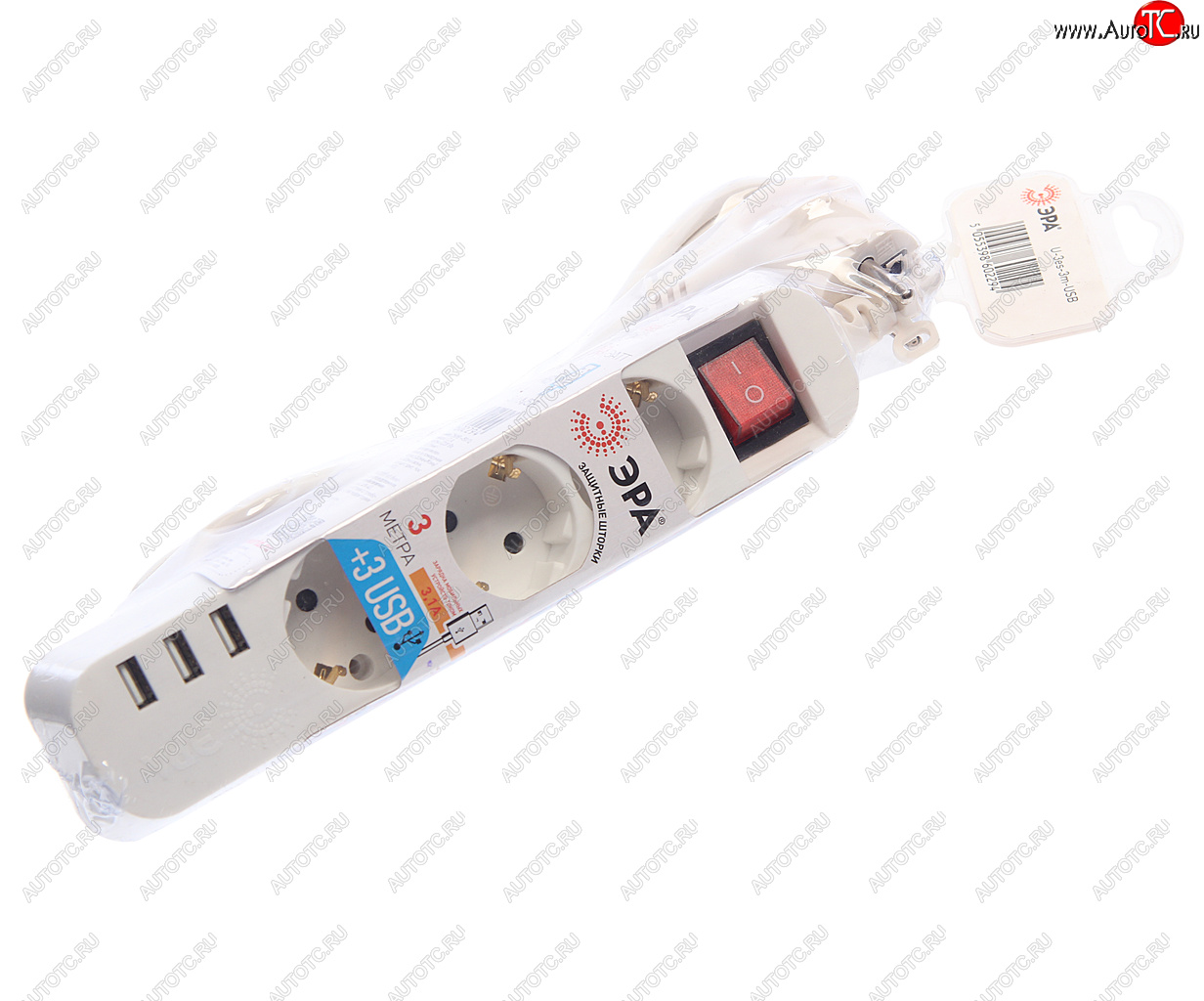 1 199 р. Фильтр сетевой 3м 10А 2200Вт 3 гнезда + 3 USB с заземлением белый ЭРА ЭРА u-3es-3m-usb  с доставкой в г. Воронеж
