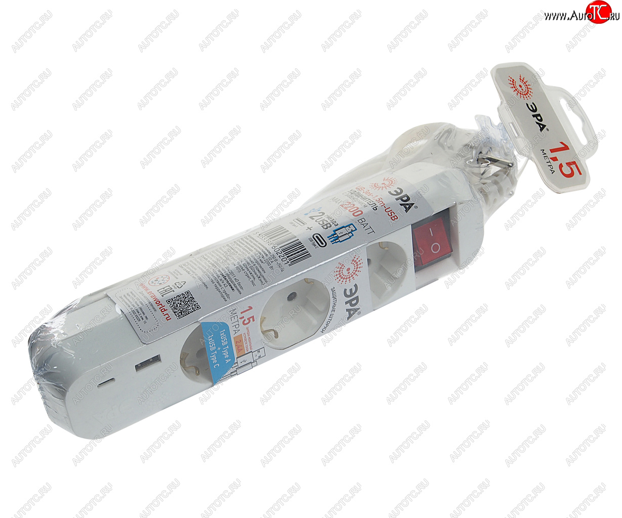 789 р. Фильтр сетевой 1.5м 10А 2200Вт 3 гнезда + 1 USB A 1 Type C с заземлением белый ЭРА ЭРА ub-3es-1,5m-usb  с доставкой в г. Воронеж