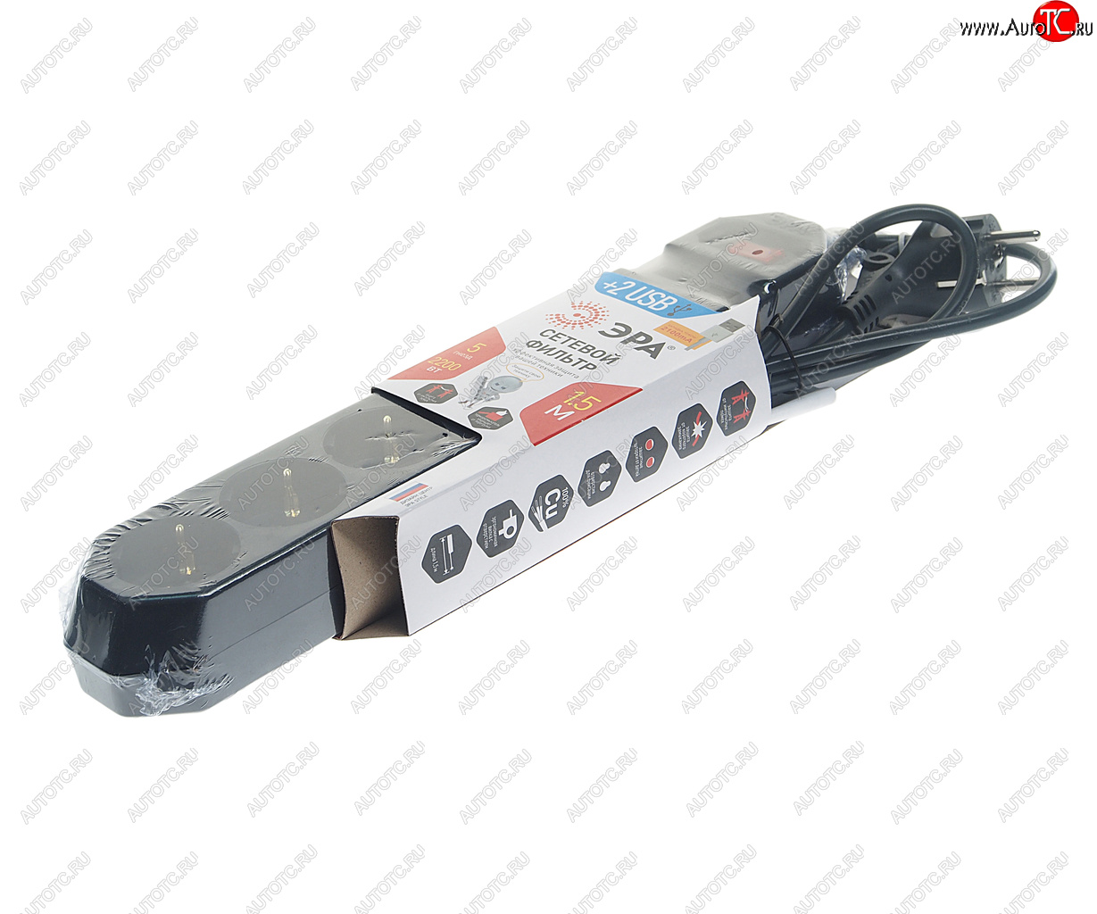 999 р. Фильтр сетевой 1.5м 10А 2200Вт 5 гнезд + 2 USB с заземлением черный ЭРА ЭРА usf-5es-1.5m-usb-b  с доставкой в г. Воронеж