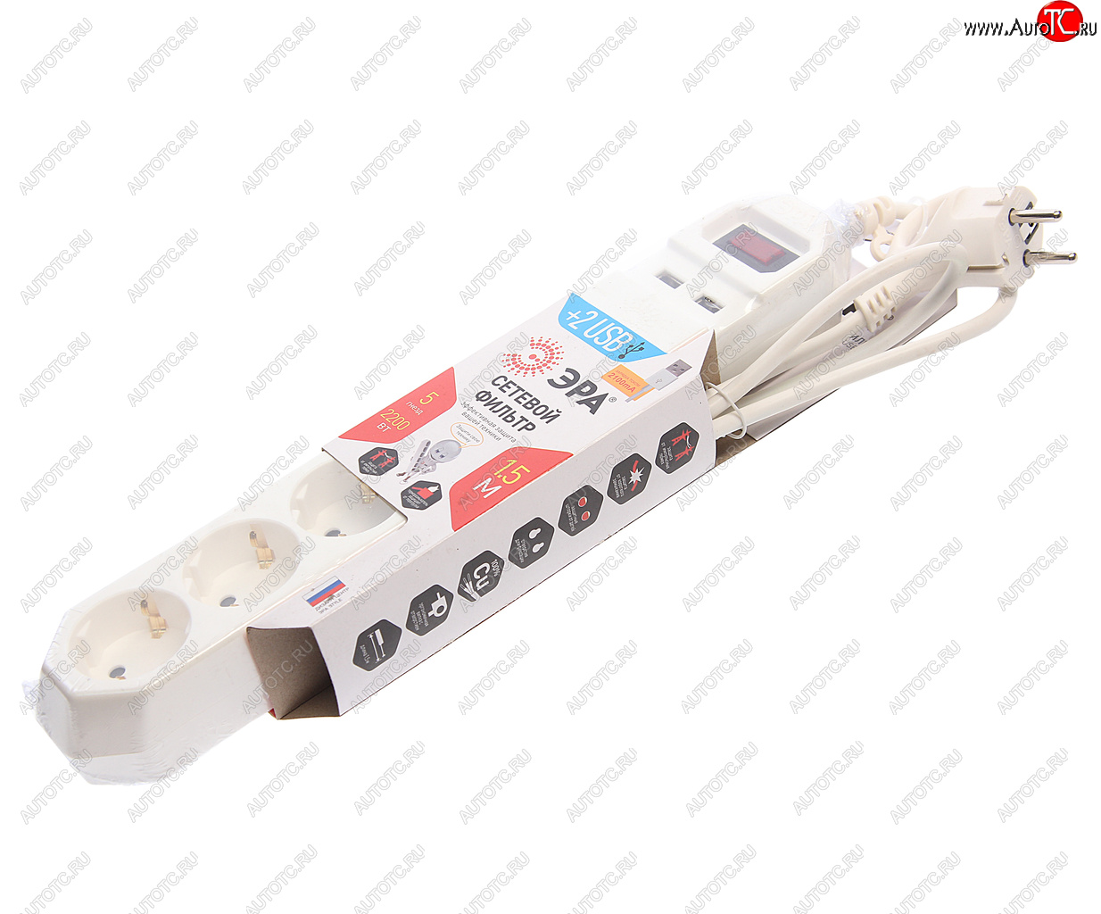 999 р. Фильтр сетевой 1.5м 10А 2200Вт 5 гнезд + 2 USB с заземлением белый ЭРА ЭРА usf-5es-1.5m-usb-w  с доставкой в г. Воронеж