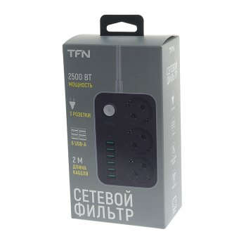 1 569 р. Фильтр сетевой 2м 10А 2500Вт 3 гнезда+ 6 USB с заземлением черный TFN TFN tfn-power7bk  с доставкой в г. Воронеж. Увеличить фотографию 4