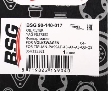 559 р. Фильтр масляный VW AUDI SEAT SKODA (1.82.0 TSITFSI) (04-) BSG BSG bsg90140017  с доставкой в г. Воронеж. Увеличить фотографию 4