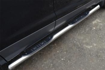 Пороги труба с накладками (d76) SLITKOFF Volkswagen Touareg  2 NF (2010-2014) дорестайлинг (нержавейка, на торцах округлая напайка под 90 градусов)