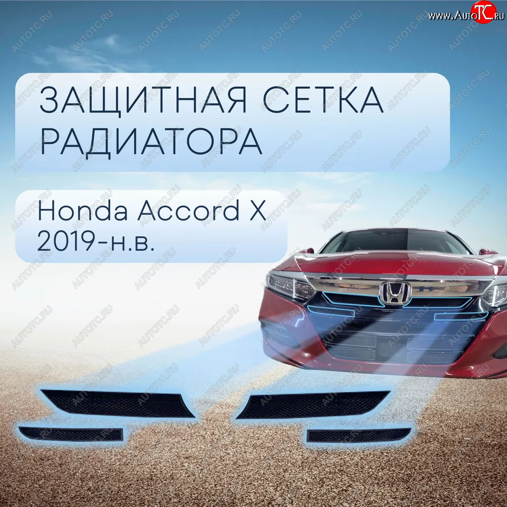 3 599 р. Защитная сетка в бампер (верх, 4 части, ячейка 3х7 мм) Alfeco Стандарт  Honda Accord  10 CV (2019-2022) (Чёрная)  с доставкой в г. Воронеж