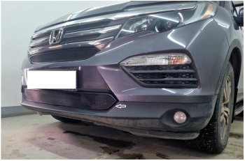 Защитная сетка в бампер (низ, ячейка 3х7 мм) Alfeco Стандарт Honda Pilot  YF6 (2016-2019) дорестайлинг (Чёрная)