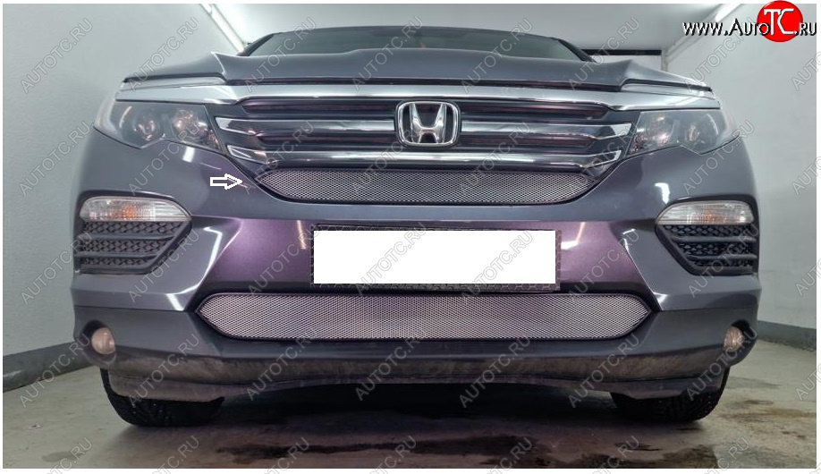 2 299 р. Защитная сетка в бампер (верх, ячейка 3х7 мм) Alfeco Стандарт  Honda Pilot  YF6 (2016-2019) дорестайлинг (Хром)  с доставкой в г. Воронеж