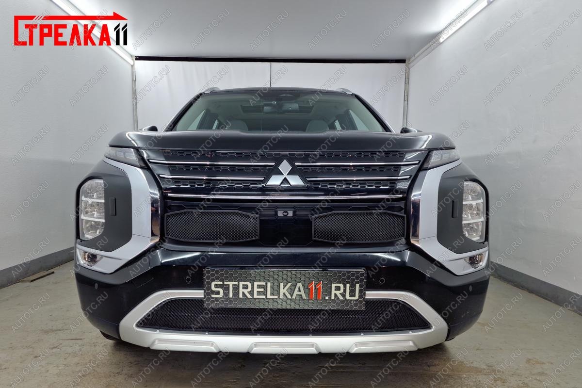 7 649 р. Защита радиатора (3 части) Стрелка11 Стандарт  Mitsubishi Outlander  GF (2018-2022) 3-ий рестайлинг (хром)  с доставкой в г. Воронеж