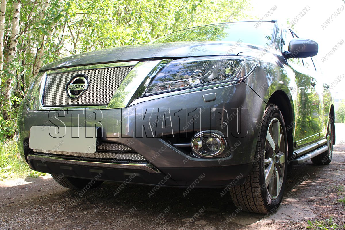 5 349 р. Защита радиатора (низ 2 части) Стрелка11 Стандарт Nissan Pathfinder R52 дорестайлинг (2012-2017) (хром)  с доставкой в г. Воронеж