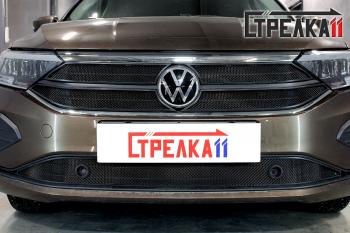 5 749 р. Защита радиатора (верх 4 части) Exclusive Стрелка11 Стандарт Volkswagen Polo Mk6 лифтбек (2020-2022) (черная)  с доставкой в г. Воронеж. Увеличить фотографию 1