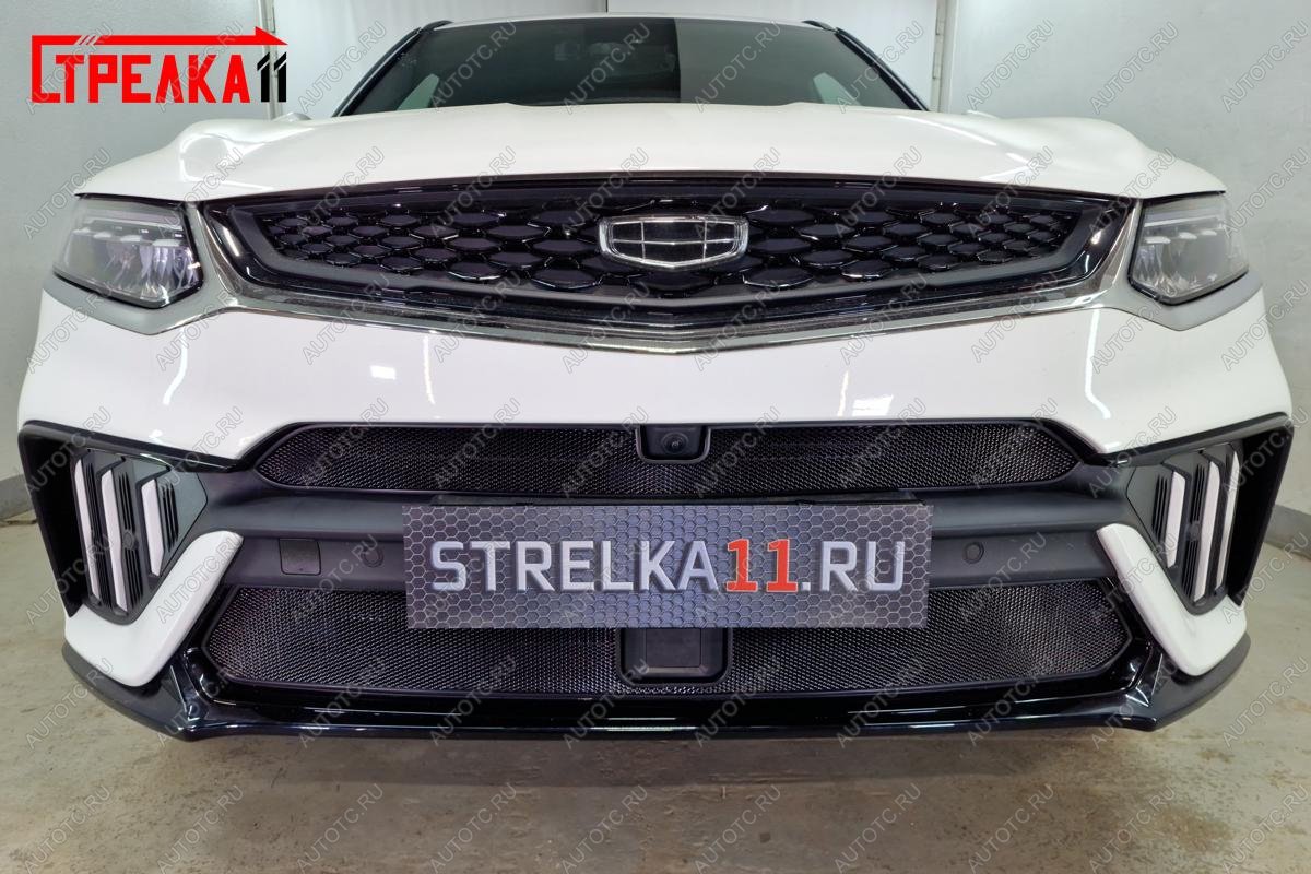 3 199 р. Защита радиатора (низ, с датчиками) Стандарт  Geely Tugella  FY11,HPBA4 (2022-2025) рестайлинг (черная)  с доставкой в г. Воронеж