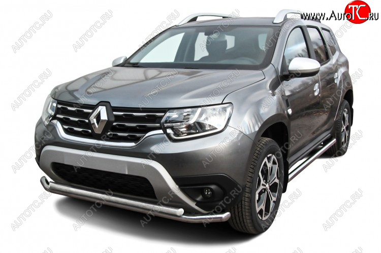 12 599 р. Защита переднего бампера Slitkoff (Ø57 и 42 мм).  Renault Duster  HM (2021-2024) рестайлинг (Полированная нержавейка)  с доставкой в г. Воронеж