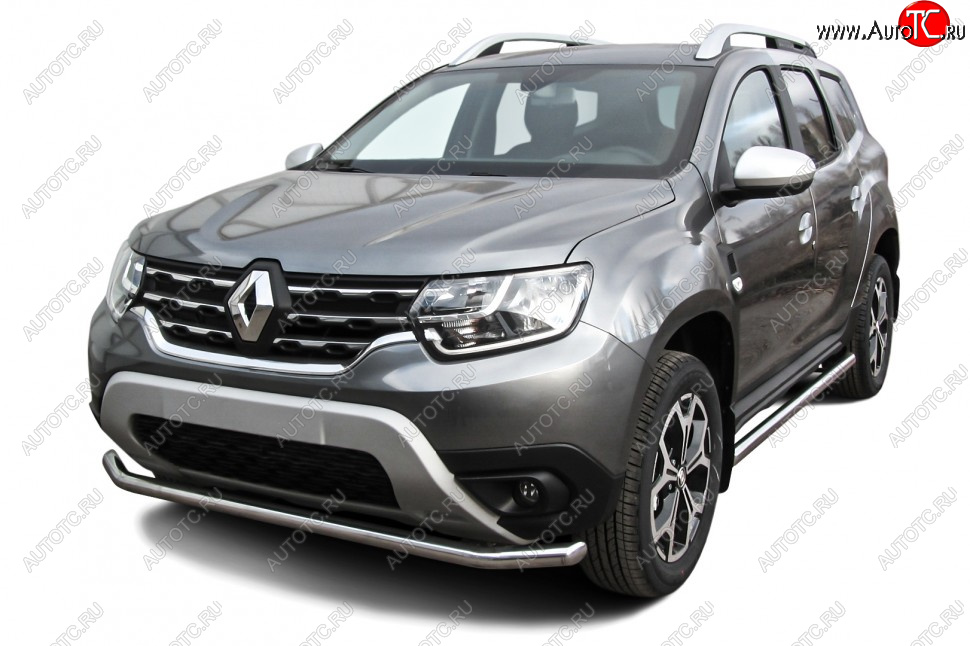 10 699 р. Защита переднего бампера Slitkoff (Ø57 мм).  Renault Duster  HM (2021-2024) рестайлинг (Полированная нержавейка)  с доставкой в г. Воронеж