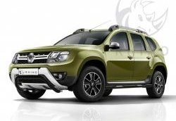 9 199 р. Защита переднего бампера (Ø63 мм волна, окрашенная) SLITKOFF  Renault Duster  HS (2015-2021) рестайлинг (черный муар)  с доставкой в г. Воронеж. Увеличить фотографию 1