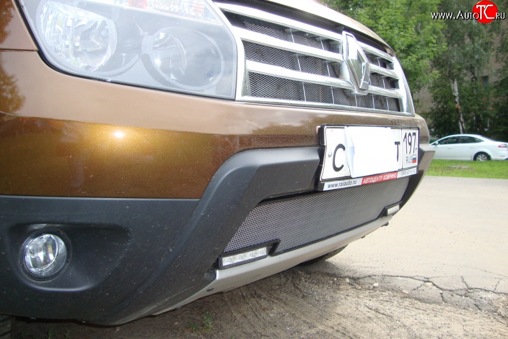 1 539 р. Сетка на бампер с вырезом под ДХО Russtal (хром) Renault Duster HS дорестайлинг (2010-2015)  с доставкой в г. Воронеж