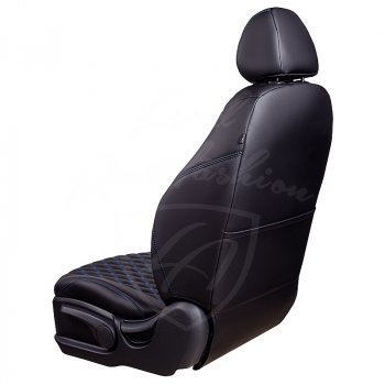 19 999 р. Чехлы для сидений Lord Autofashion Байрон (экокожа, 60/40, 3 Г-образных подголовника)  Renault Logan  2 (2018-2025) рестайлинг (Черный, вставка черная, строчка синяя)  с доставкой в г. Воронеж. Увеличить фотографию 3