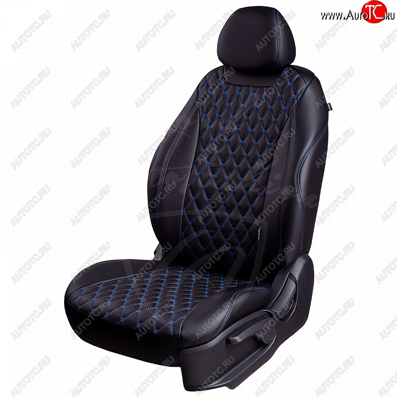 19 999 р. Чехлы для сидений Lord Autofashion Байрон (экокожа, 60/40, 3 Г-образных подголовника)  Renault Logan  2 (2018-2025) рестайлинг (Черный, вставка черная, строчка синяя)  с доставкой в г. Воронеж