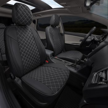 8 749 р. Чехлы сидений (экокожа, ЗСиС 60/40 + вырез под подлокотник) AUTOPILOT Ромб  Hyundai Tucson  JM (2004-2010), KIA Sportage  2 JE,KM (2004-2008) (черный/строчка белая)  с доставкой в г. Воронеж. Увеличить фотографию 6