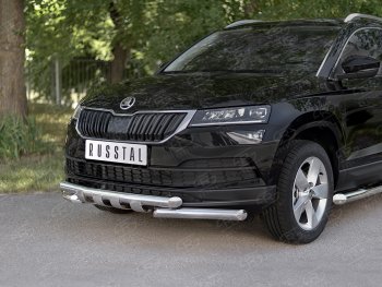 26 999 р. Защита переднего бампера (2 трубы Ø63 мм, нержавейка) SLITKOFF Skoda Karoq NU7 дорестайлинг (2017-2021)  с доставкой в г. Воронеж. Увеличить фотографию 2