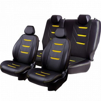 9 199 р. Чехлы для сидений (комплектация Ambition без подлокот-ка) Lord Autofashion Турин 2 (экокожа)  Skoda Octavia  A7 (2012-2020) дорестайлинг лифтбэк, дорестайлинг универсал, рестайлинг лифтбэк, рестайлинг универсал (Чёрный/Чёрный/Жёлтый/Жёлтый)  с доставкой в г. Воронеж. Увеличить фотографию 2