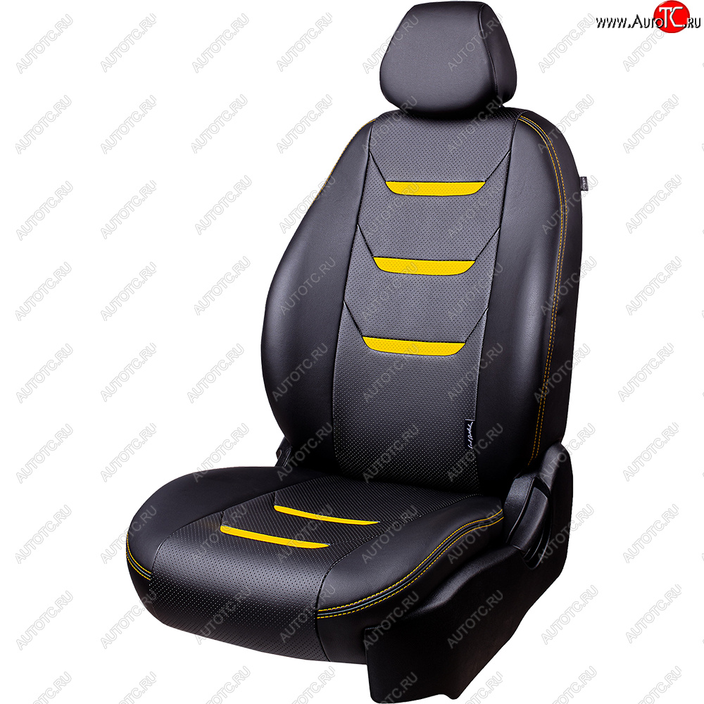9 199 р. Чехлы для сидений (комплектация Ambition без подлокот-ка) Lord Autofashion Турин 2 (экокожа)  Skoda Octavia  A7 (2012-2020) дорестайлинг лифтбэк, дорестайлинг универсал, рестайлинг лифтбэк, рестайлинг универсал (Чёрный/Чёрный/Жёлтый/Жёлтый)  с доставкой в г. Воронеж
