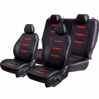 11 899 р. Чехлы для сидений (комплектация Ambition без подлокот-ка) Lord Autofashion Турин 2 (экокожа)  Skoda Octavia  A7 (2012-2020) дорестайлинг лифтбэк, дорестайлинг универсал, рестайлинг лифтбэк, рестайлинг универсал (Чёрный/Чёрный/Красный/Красный)  с доставкой в г. Воронеж. Увеличить фотографию 2