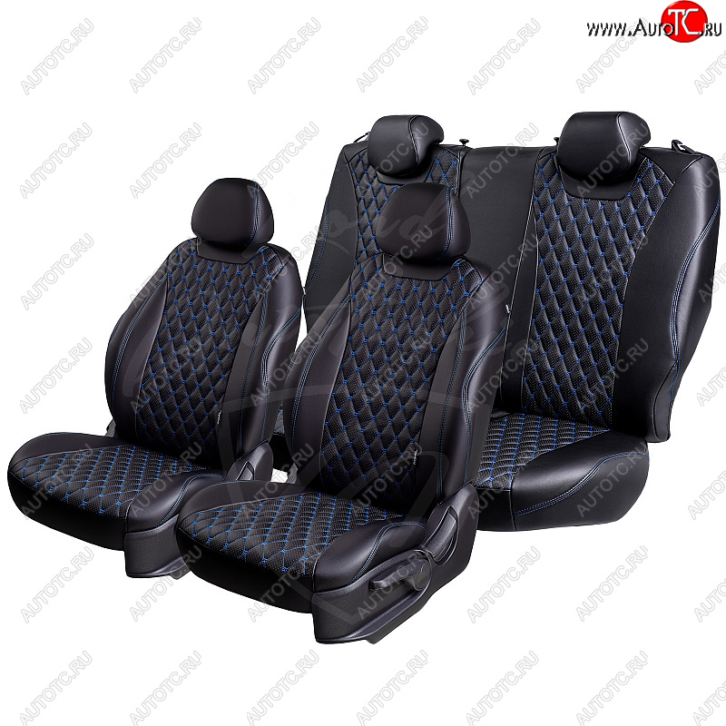 13 949 р. Чехлы для сидений (комплектация Ambition) Lord Autofashion Байрон (экокожа, 60/40, без подлокотника, 3 Г-образных подголовника)  Skoda Octavia  A7 (2012-2020) дорестайлинг лифтбэк, дорестайлинг универсал, рестайлинг лифтбэк, рестайлинг универсал (Черный, вставка черная, строчка синяя)  с доставкой в г. Воронеж