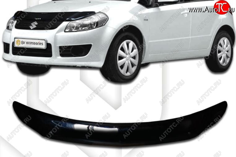 2 079 р. Дефлектор капота CA-Plastiс Suzuki SX4 GYC21S дорестайлинг седан (2006-2012) (серый Classic черный, Без надписи)  с доставкой в г. Воронеж