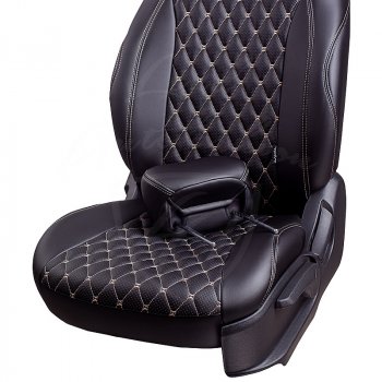 13 949 р. Чехлы для сидений Lord Autofashion Байрон (экокожа, 60/40, подлокотник, отдельные бока, 2 П- и 1 Г-образных подголовника) Toyota Camry XV70 дорестайлинг (2017-2021) (Черный, вставка черная, строчка бежевая)  с доставкой в г. Воронеж. Увеличить фотографию 6