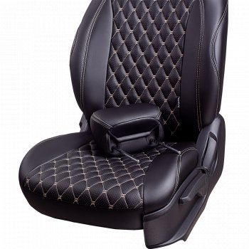 18 349 р. Чехлы для сидений Lord Autofashion Байрон (экокожа, 60/40, отд. бок, 2 П- и 1 Г-образных подголовника)  Toyota Corolla  E120 (2000-2007) седан дорестайлинг, универсал дорестайлинг, седан рестайлинг, универсал рестайлинг (Черный, вставка черная, строчка бежевая)  с доставкой в г. Воронеж. Увеличить фотографию 4