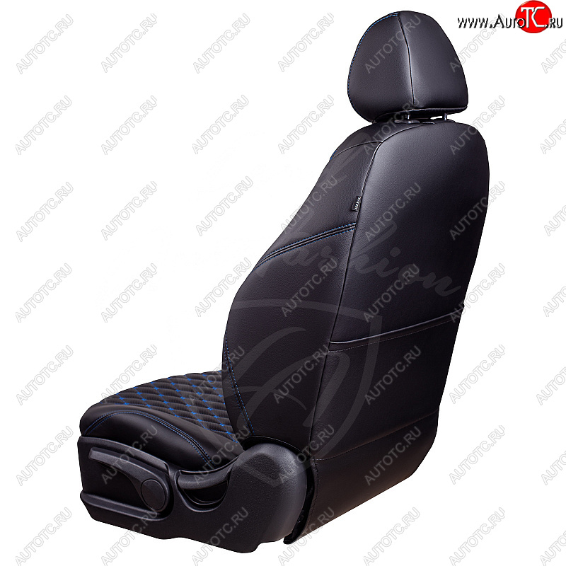 13 949 р. Чехлы для сидений Lord Autofashion Байрон (экокожа, 60/40, подлокотник, 2 П- и 1 Г-образных подголовника)  Toyota Corolla  E170 (2012-2019) дорестайлинг, рестайлинг (Черный, вставка черная, строчка синяя)  с доставкой в г. Воронеж