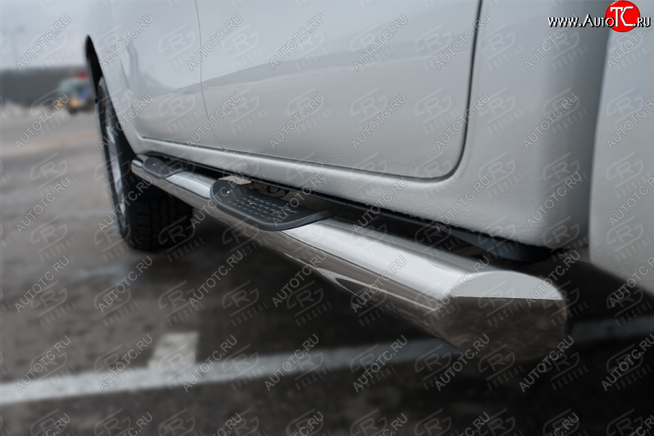 24 549 р. Защита порогов (Ø76 мм с накладкой) SLITKOFF  Toyota Hilux  AN120 (2020-2025) 2-ой рестайлинг (торцы со скосами 45°, полированная нержавейка)  с доставкой в г. Воронеж