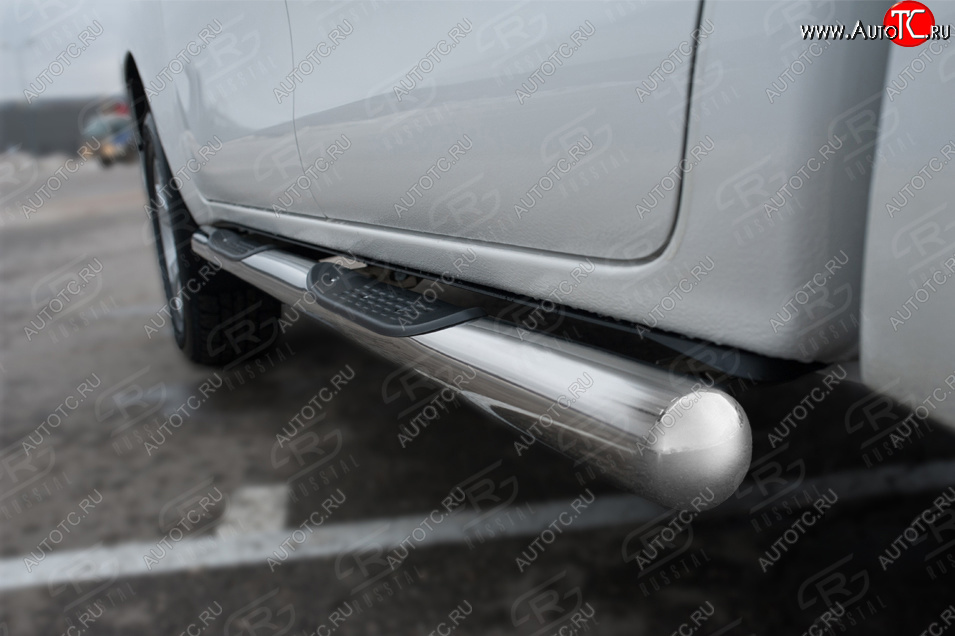 24 549 р. Защита порогов (Ø76 мм с накладками, BLACK ONYX) SLITKOFF  Toyota Hilux  AN120 (2020-2025) 2-ой рестайлинг (срез на торцах круглый 90°, полированная нержавейка)  с доставкой в г. Воронеж