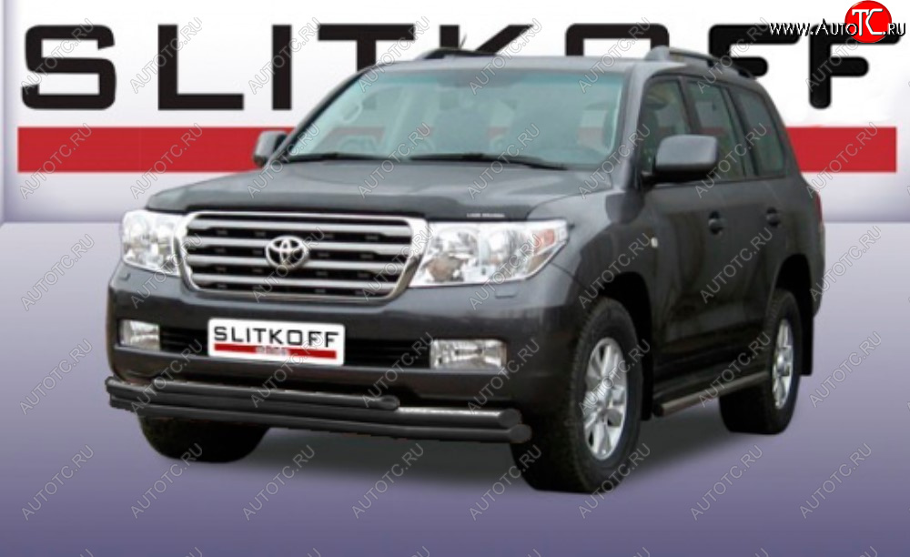 15 899 р. Защита переднего бампера Slitkoff (Ø 57+Ø 57+Ø 42, тройная). Toyota Land Cruiser 200 дорестайлинг (2007-2012) (Сталь с полимерным покрытием. Цвет: черный)  с доставкой в г. Воронеж